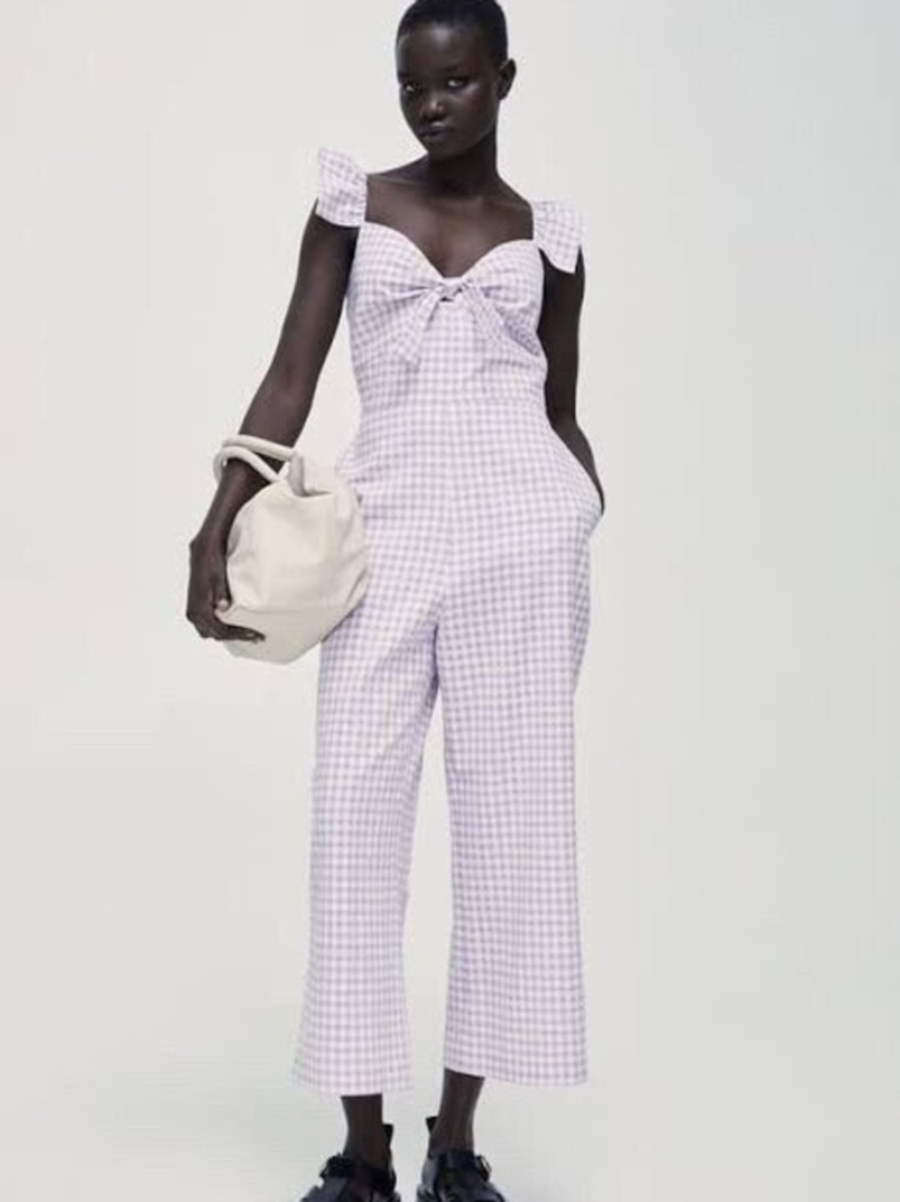 Zara Lilac Gingham Tie Front Jumpsuit Wide Leg Cropped Pants Size S